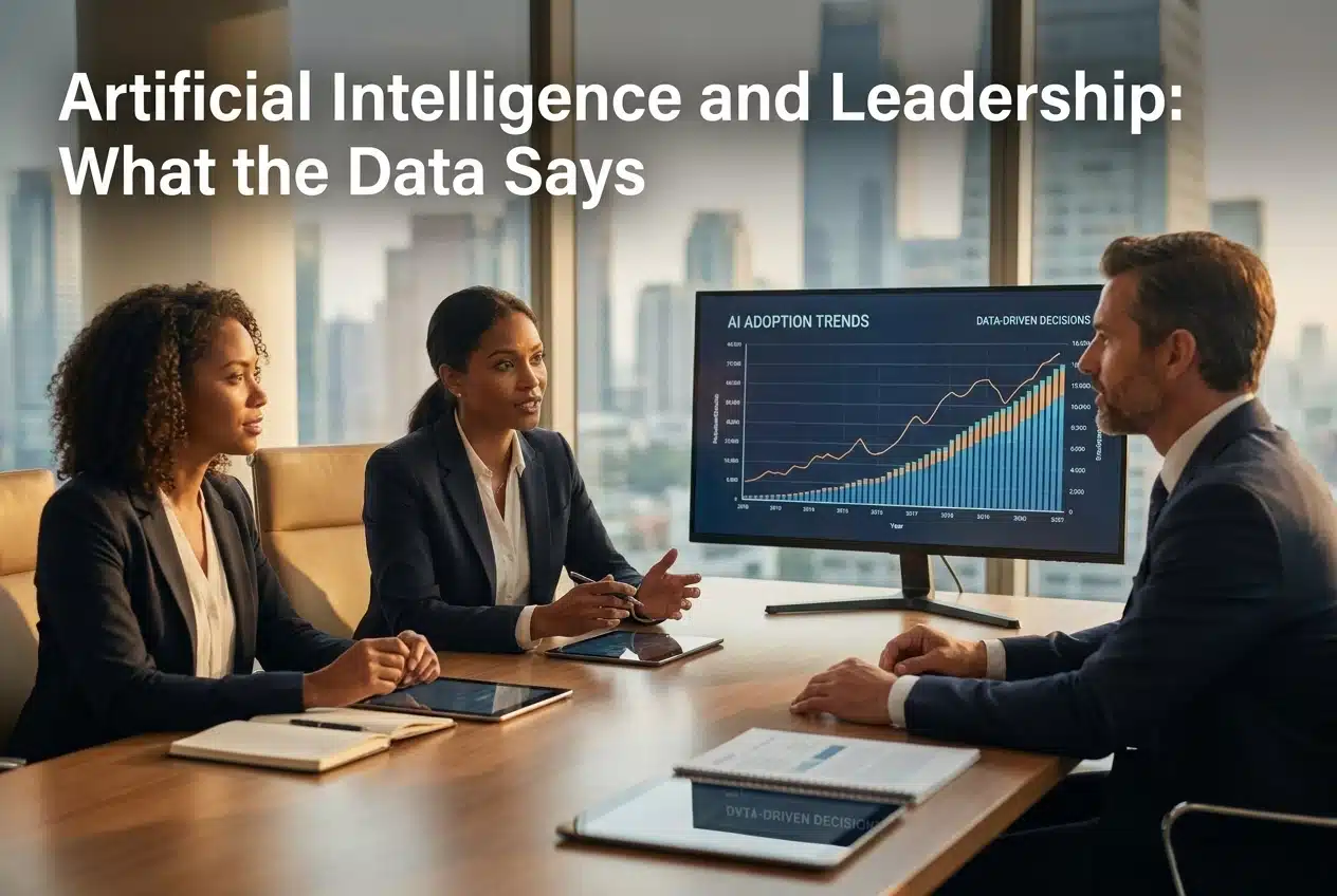 Professional header image for industry analysis: Artificial Intelligence and Leadership: What the Data Says